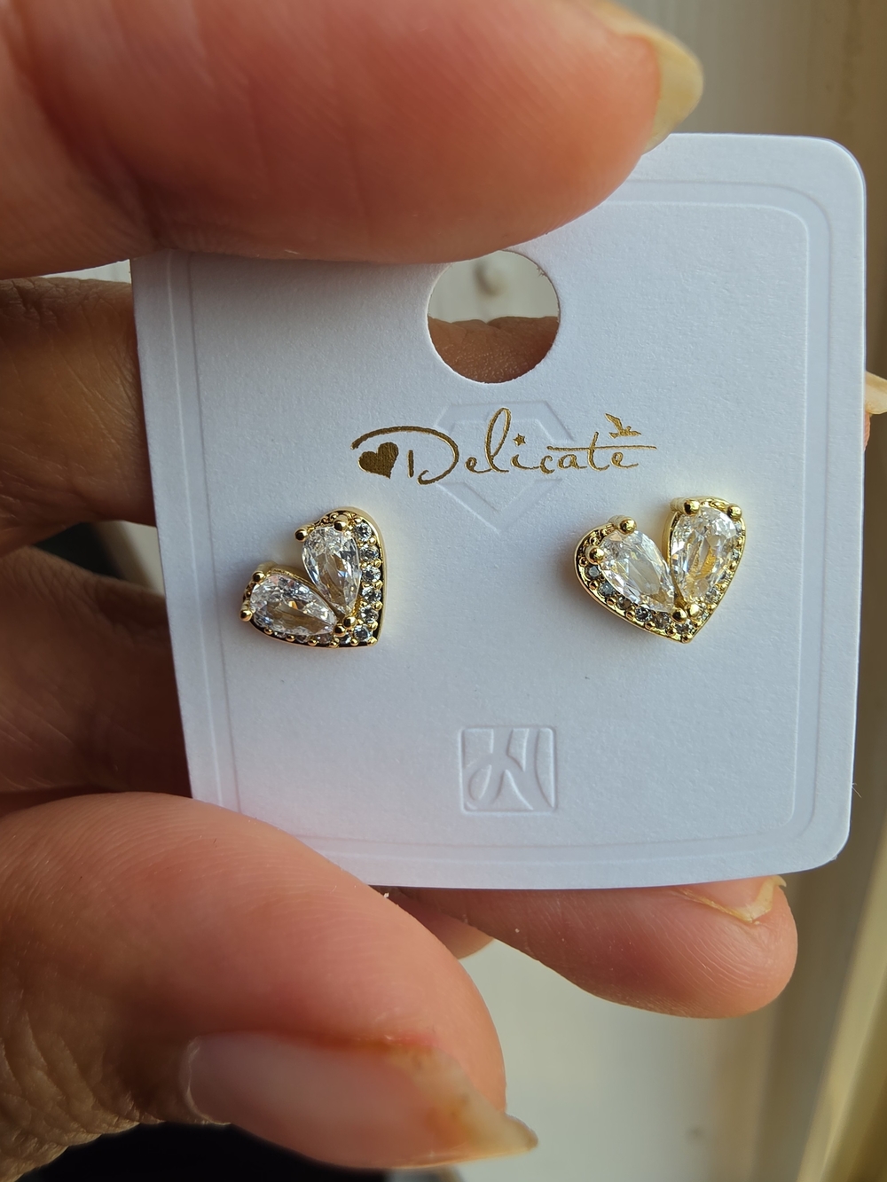Pendientes de botón de cristal en forma de corazón, Oro Laminado 14k